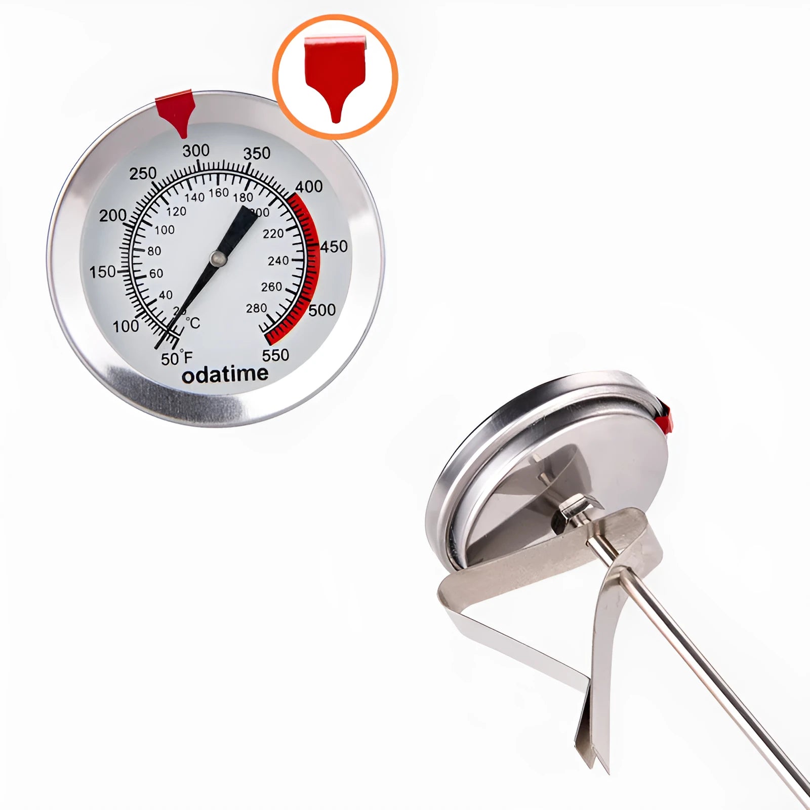 Pen-type food thermometer with long stainless steel temperature probe.