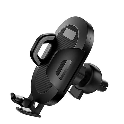 Auto lock car phone holder mounted on air vent, holding a mobile phone, in black grey colour