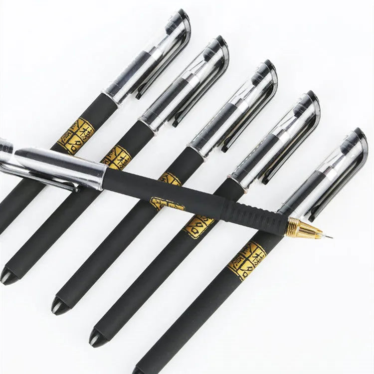 Pack of eight black gel pens with anti-fatigue grips, showing bullet and needle tip options.