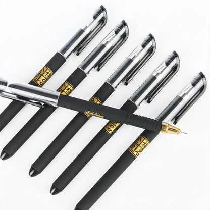Pack of eight black gel pens with anti-fatigue grips, showing bullet and needle tip options.