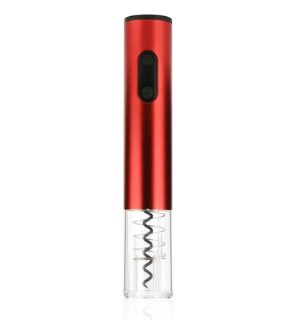 Silver electric wine bottle opener with integrated foil cutter on kitchen counter