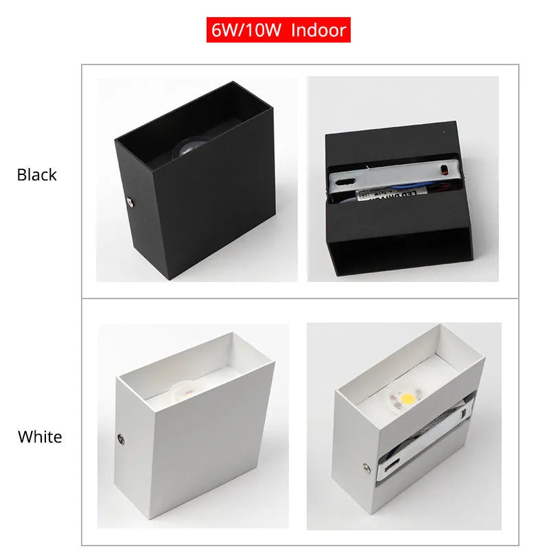 Compact square aluminium wall lamp with 360-degree light output, shown in grey finish mounted on a wall.