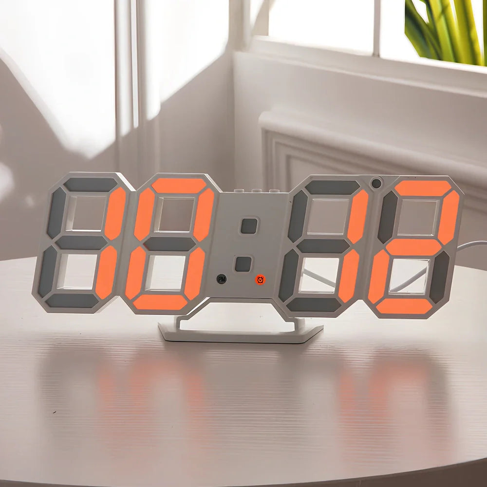 3D LED wall digital clock showing time, date and temperature with multiple colour options