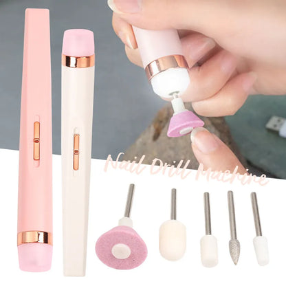 Cordless electric nail drill polisher set with USB charging cable and five grinding heads in white, red, pink colours