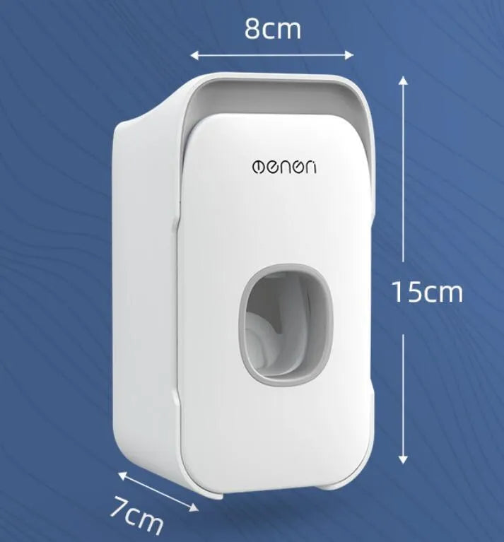 Automatic wall-mounted toothpaste dispenser in blue, grey, and pink colours with LED touch sensor.