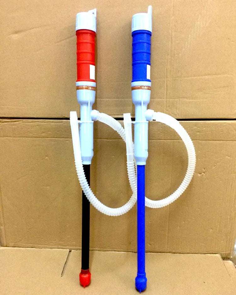 Blue and red manual siphon pump for fuel and liquid transfer