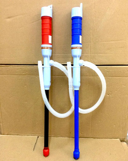Blue and red manual siphon pump for fuel and liquid transfer