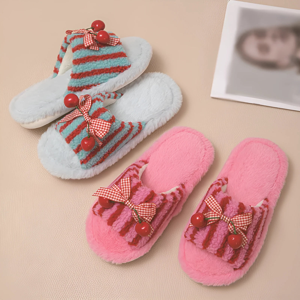 Cherry open plush slippers with contrast colour design, PVC sole, 1-3cm heel, in pink, red and blue, or rose red