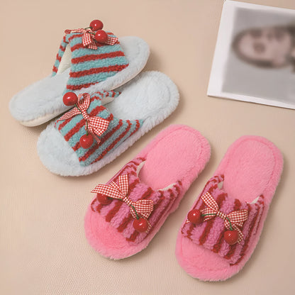 Cherry open plush slippers with contrast colour design, PVC sole, 1-3cm heel, in pink, red and blue, or rose red