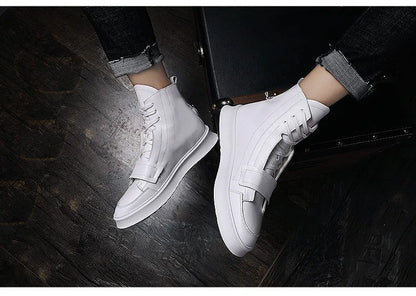 Men's black and white PU leather ankle boots in high-top sneaker style with microfiber upper, sizes 38-43