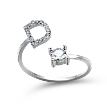 Personalized Initial Letter Crystal Ring with Adjustable Design in Gold, Silver, and Rose Gold Colors