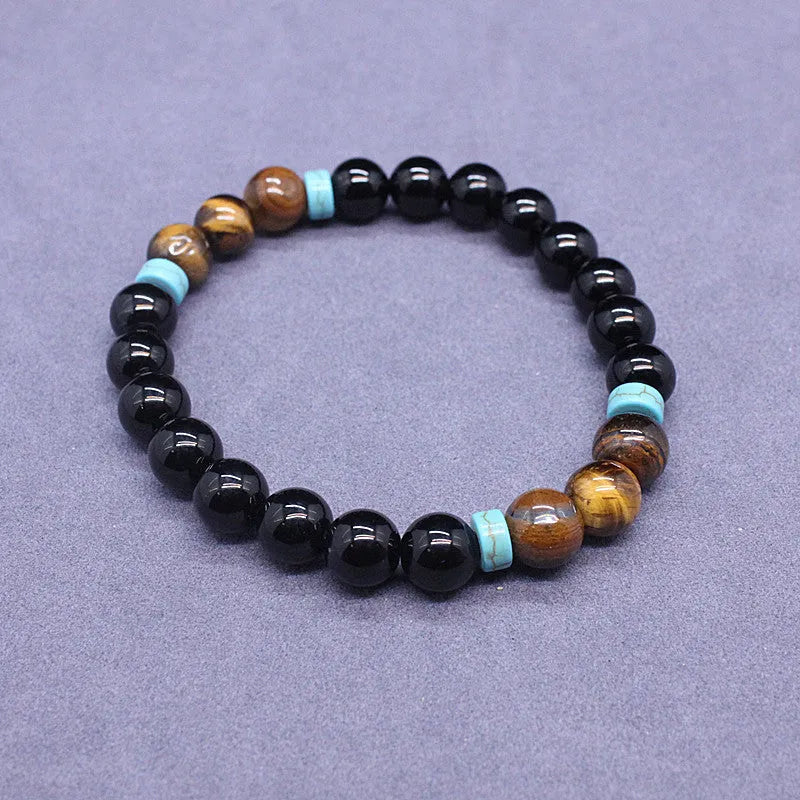 Black agate and tiger's eye bracelet and necklace set with geometric carved tiger pendant