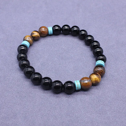 Black agate and tiger's eye bracelet and necklace set with geometric carved tiger pendant