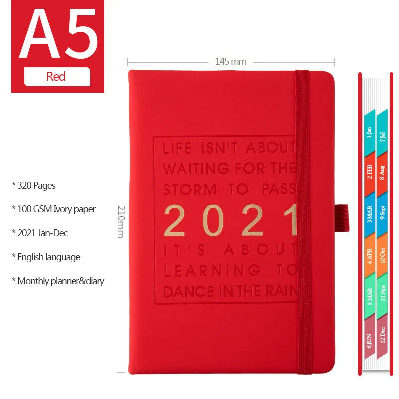Daily planning clocking table calendar with imitation leather cover in blue, pink, red, yellow, or light blue.