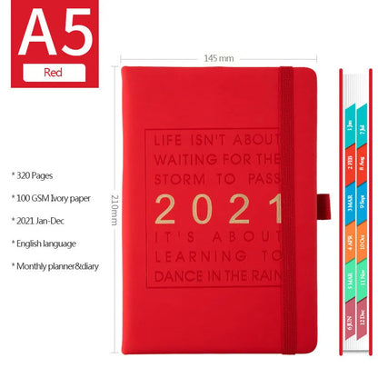 Daily planning clocking table calendar with imitation leather cover in blue, pink, red, yellow, or light blue.