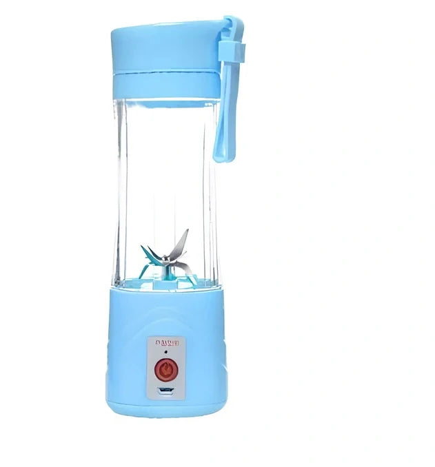 Portable USB rechargeable blender in blue with stainless steel blades, measuring 20 cm tall, for making smoothies.