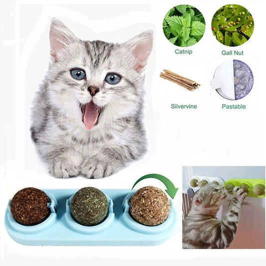Self-adhesive rotated catnip lick ball for cats, natural play stimulation