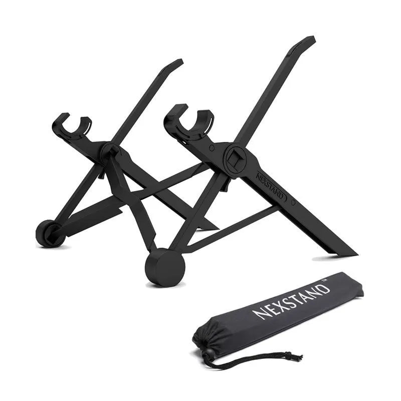 Portable folding computer bracket in sagacious black with lifting mechanism and carrying case