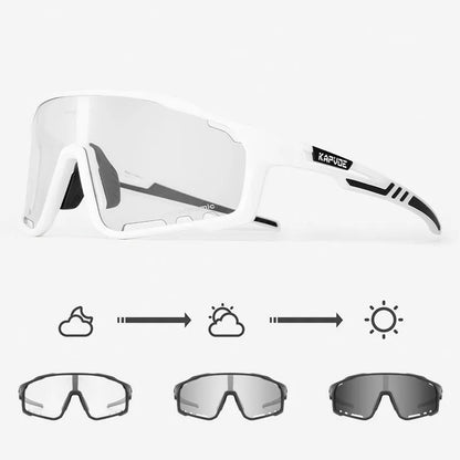 Photochromic cycling sunglasses with TR90 frame in semi-rimless unisex style on a solid colour background.