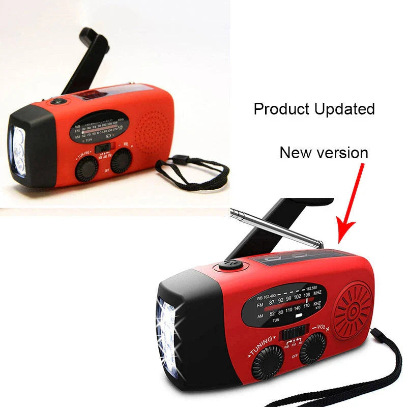 Portable solar and hand-cranked USB charging radio flashlight with LED illumination for outdoor adventures and emergency preparedness