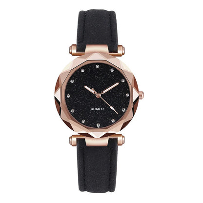 Elegant women's wrist watch with a captivating starry sky dial and leather strap, suitable for any occasion.