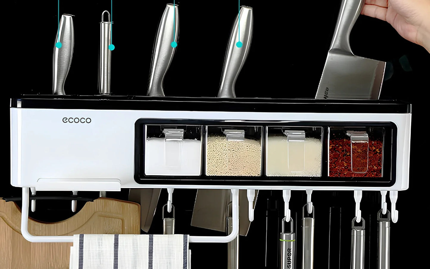 White plastic wall-mounted kitchen storage rack weighing 1500g for utensils and seasonings in corners