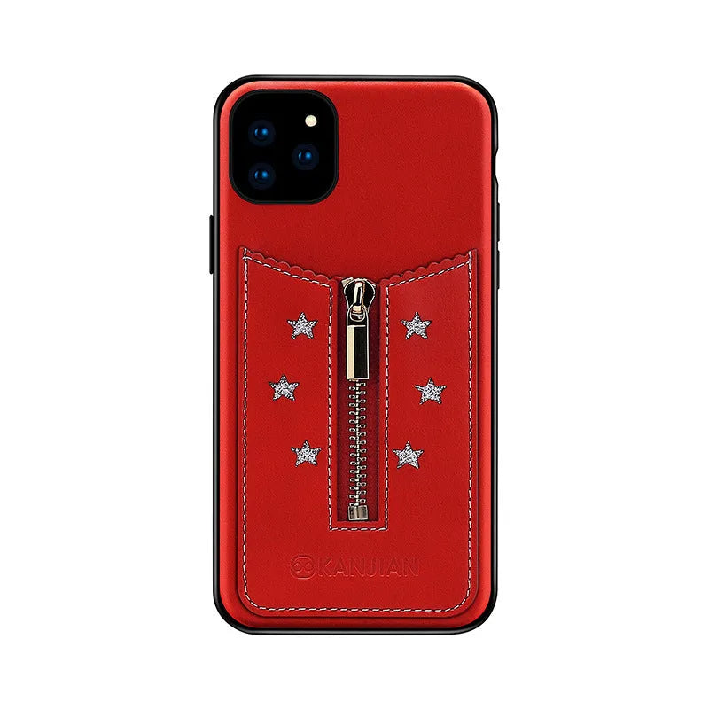 Black PU leather zipper phone case for iPhone, shown with the zipper open.