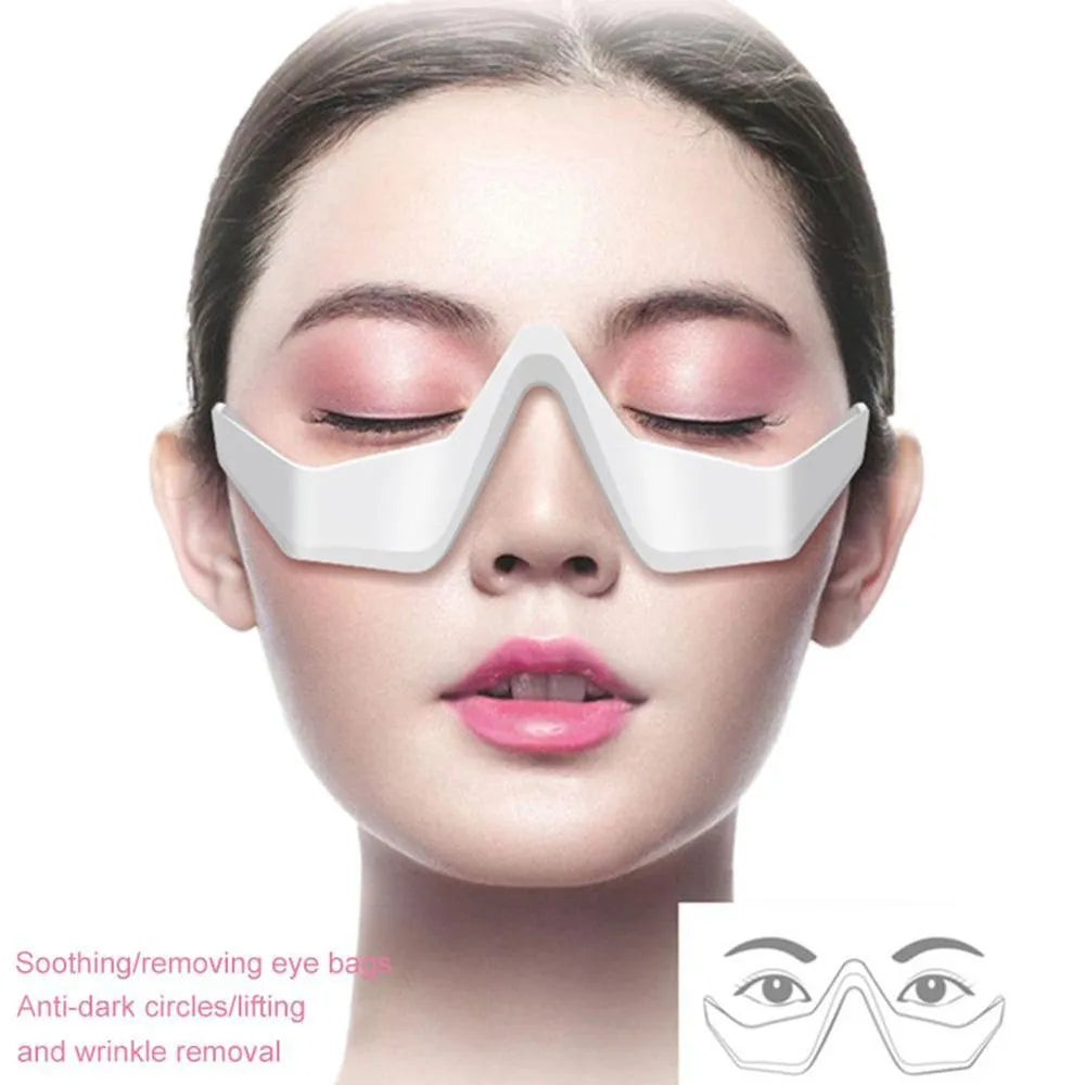 3D Eye Beauty Instrument micro-current massager in pink or white, showing glasses-like design and one-button control for eye relaxation