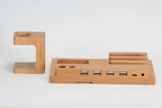 Bamboo charging station with multiple USB ports for charging Apple devices like iPhone, Apple Watch, and iPad