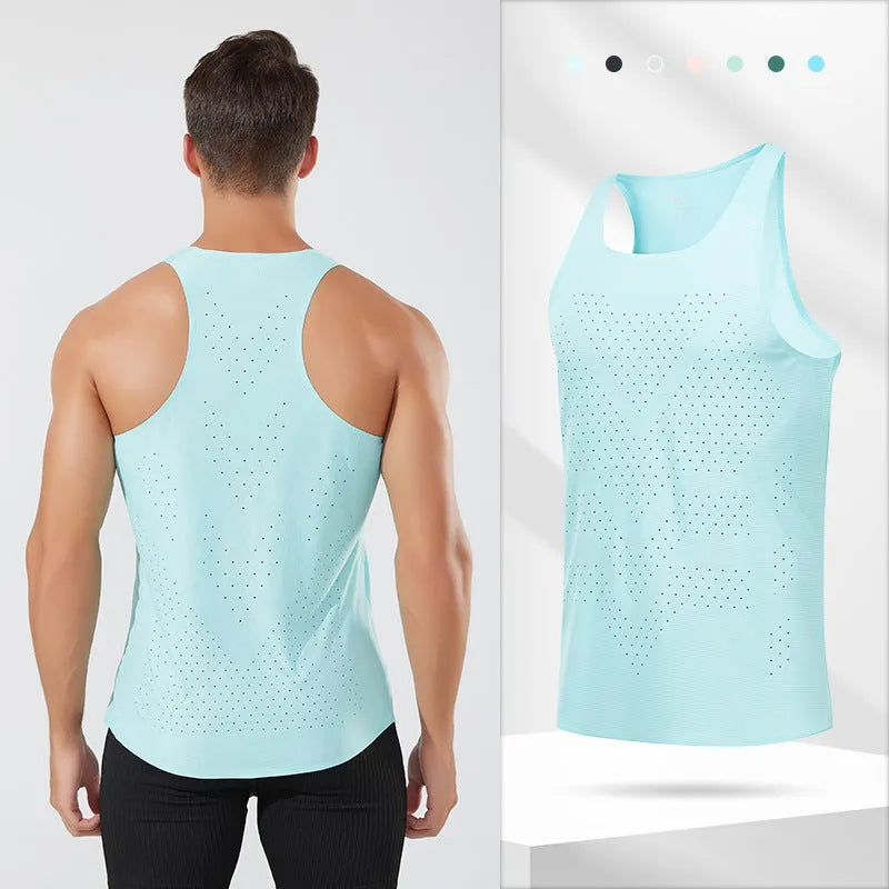 Men's sleeveless polyester running vest in seven colours, sizes S to 2XL, solid colour sports top