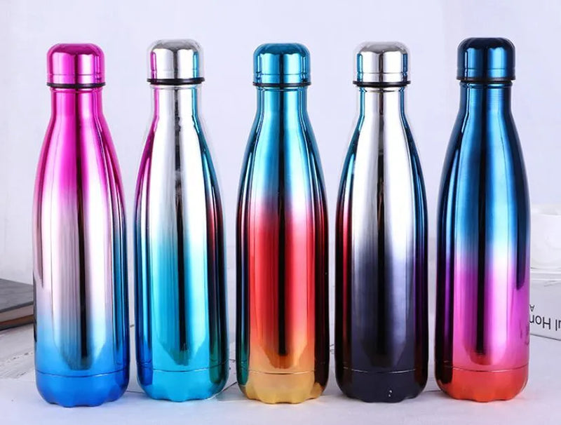 Stainless steel water bottle in 500ml capacity measuring 70mm diameter by 265mm height, constructed from food-grade 304 stainless steel with available models A, B, C, D, and E