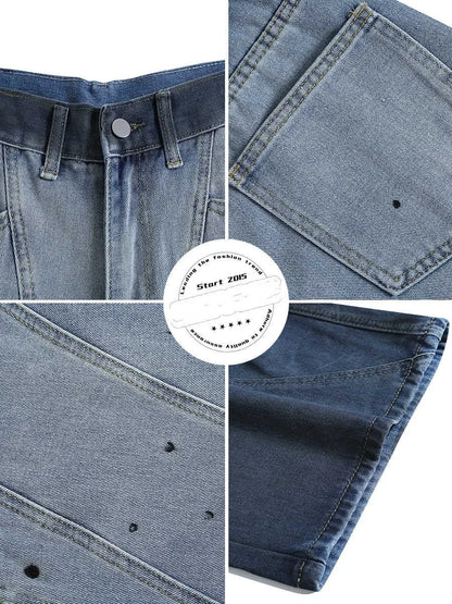 Blue tie-dye gradient cropped jeans with washed-out finish and loose casual fit