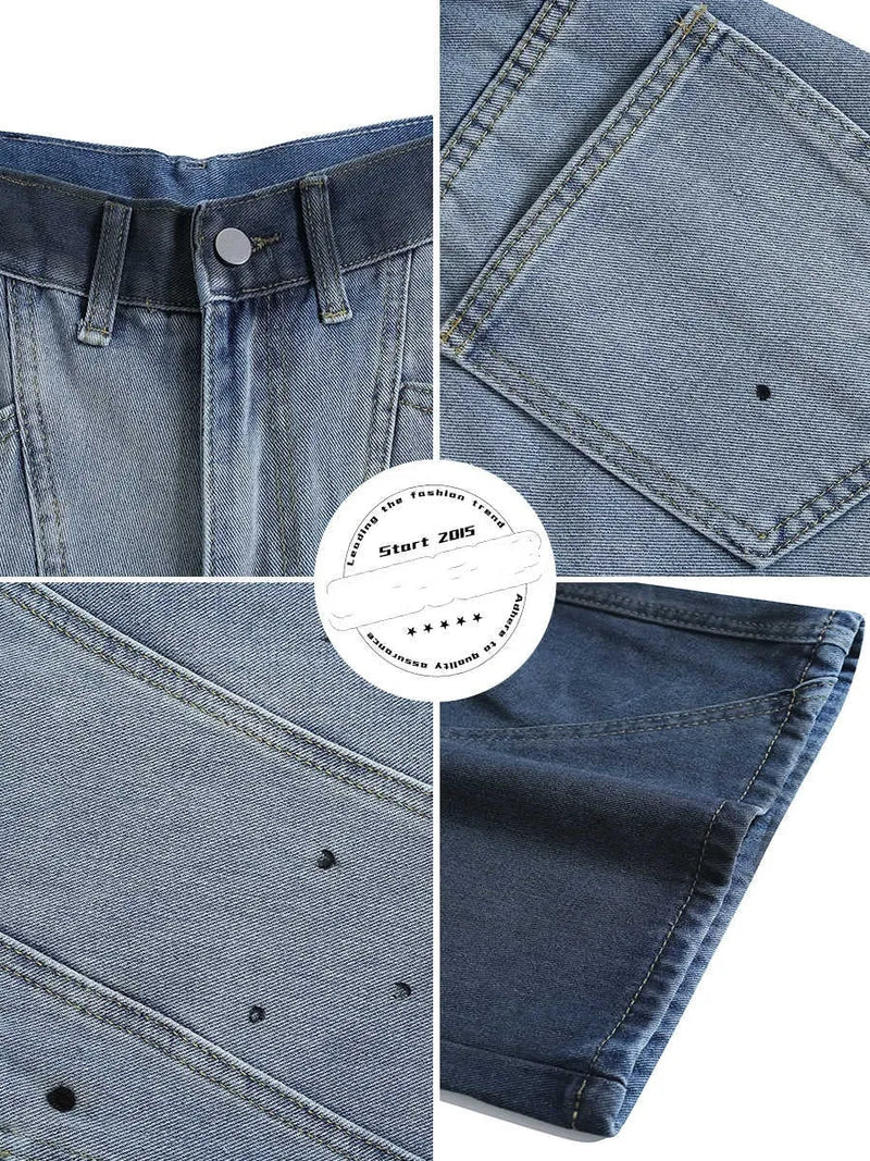 Cropped jeans with tie-dye gradient and washed-out finish in casual loose fit, available in sizes S through 5XL with mid-waist design for relaxed streetwear styling.