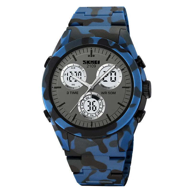 Electronic casual watch with resin mirror and TPU strap showing camouflage pattern, 50m water resistant