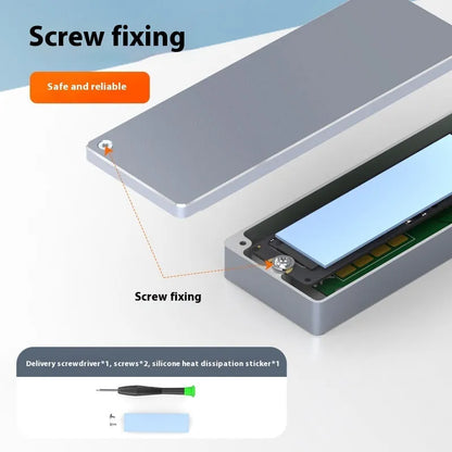 Silver aluminium M.2 SSD external enclosure with USB-C cable, screwdriver, screws, and silicone thermal pad on a desk