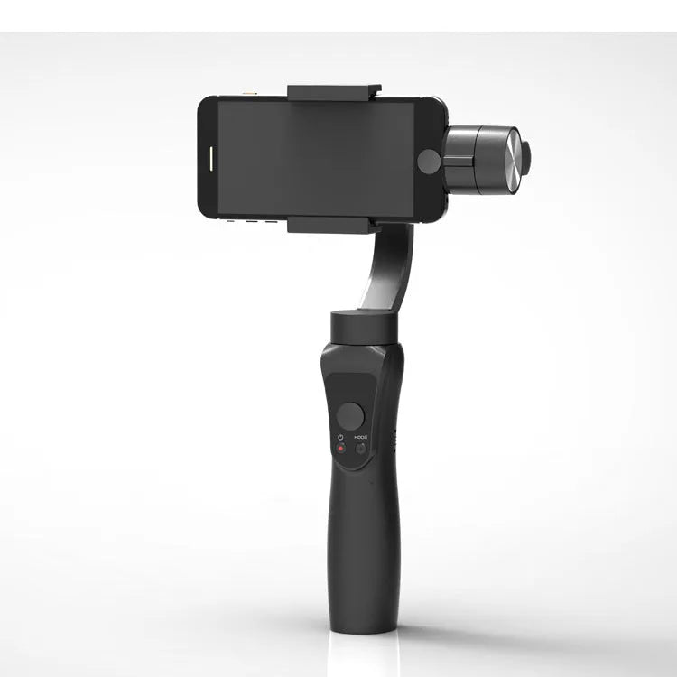 Black 3-axis handheld smartphone gimbal stabilizer on a table.