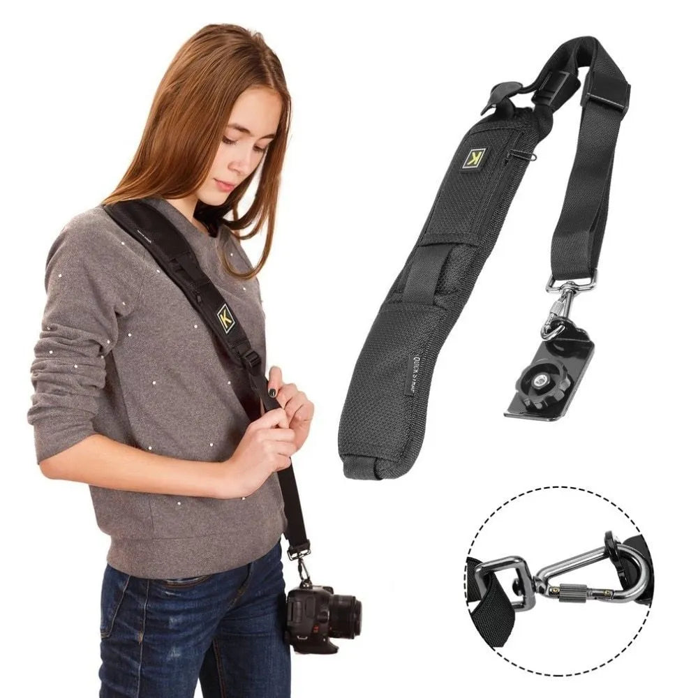 Black nylon single shoulder sling strap for DSLR camera with quick-adjust buckle and wide shoulder pad.