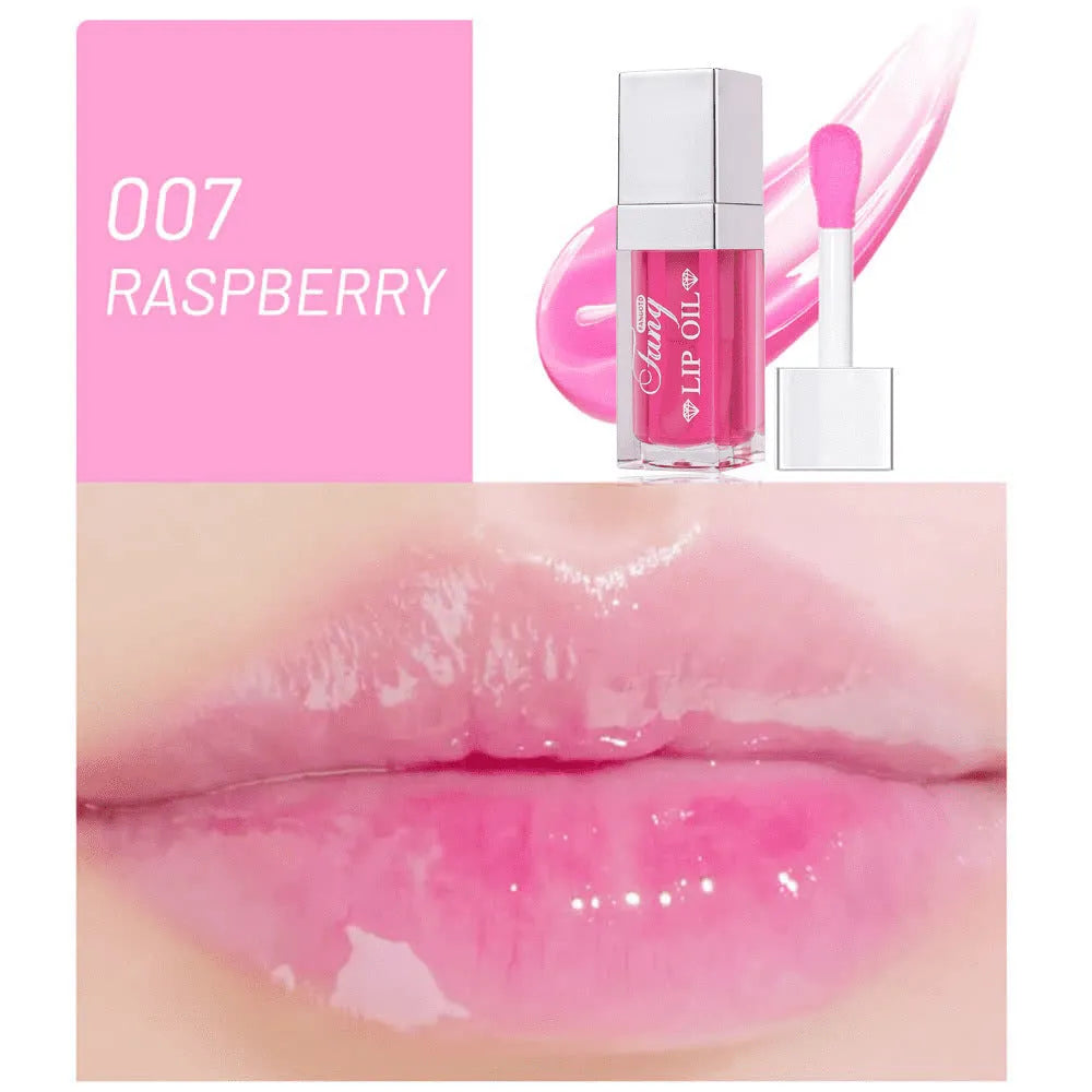 Set of five bright lip gloss tubes with lip essence oil applicators in shades Style001, 006, 007, 012, and 015.