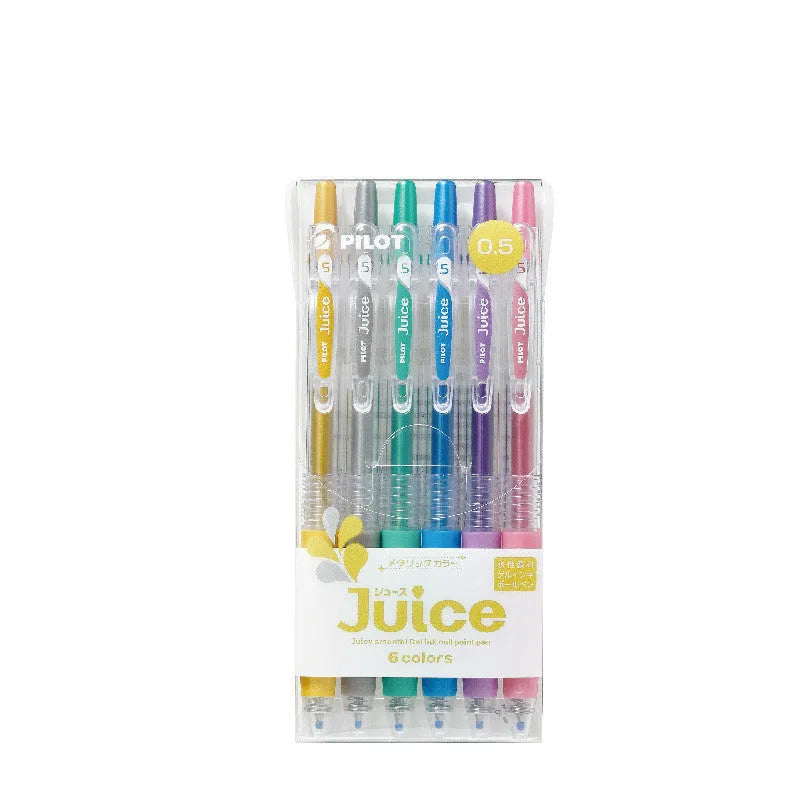Set of six Official Direct Juice Baiguole gel pens with 0.5mm tips, showing metallic, tender, or conventional colour options.