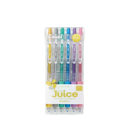 Set of six Official Direct Juice Baiguole gel pens with 0.5mm tips, showing metallic, tender, or conventional colour options.