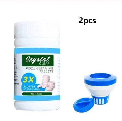 Refreshing pool cleansing tablets for crystal-clear water, featuring a floating dispenser and stabilised chlorine formula