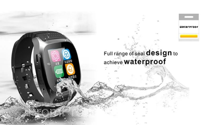 Bluetooth sports watch in white, blue, or black compatible with Apple iPhone and Android smartphones