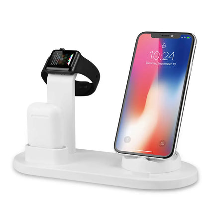 White and black USB charger headphone charging stand with three-in-one functionality