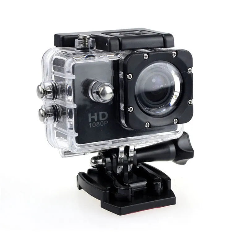 White waterproof sports camera next to its waterproof case and mounting accessory.