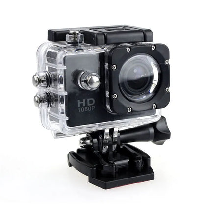 White waterproof sports camera next to its waterproof case and mounting accessory.