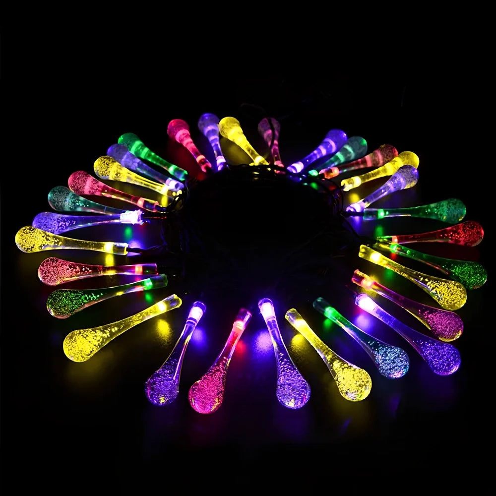 30 LED solar water drop string lights, 6.5m waterproof with 2x8cm ABS pendants and ground spike for gardens