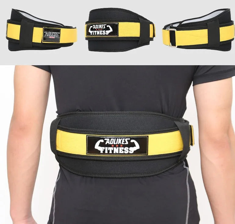 Black nylon fitness weightlifting waistband shown on a mannequin, with Red and Yellow colour options available.