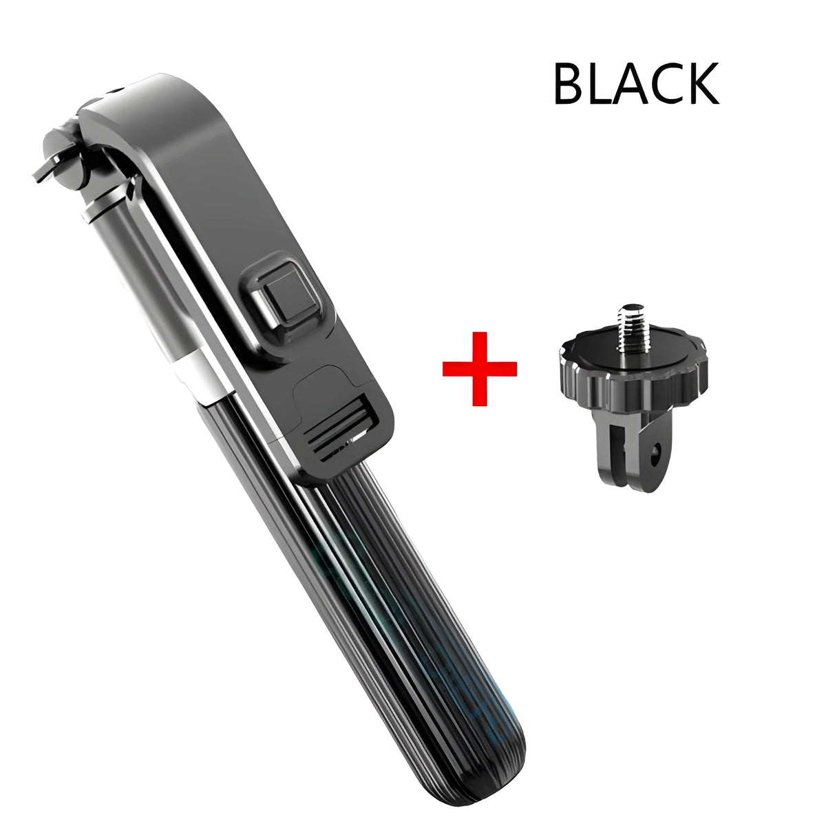 Black extendable iPhone tripod selfie stick with legs unfolded, shown at mid-height on a table.