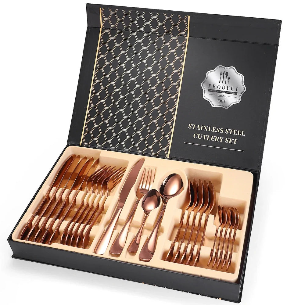24-piece 18/10 stainless steel cutlery set in silver finish with knives, forks, spoons for six, optional wood box storage