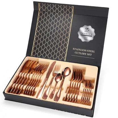 24-piece 18/10 stainless steel cutlery set in silver finish with knives, forks, spoons for six, optional wood box storage